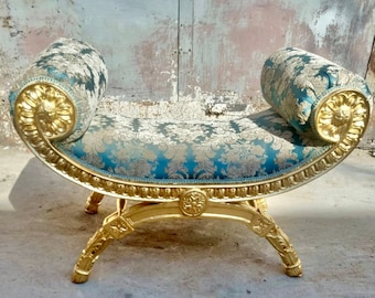 French Small Bench Chair Vintage Gold Leaf Hand Carved Wood Frame Tufted White Vintage Furniture Vintage Chair Interior Design