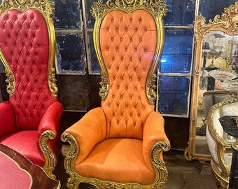 Orange Leather Throne Chair Golden Chair French Chair Throne Rococo Vintage Chair