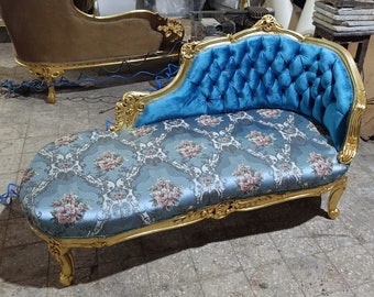 Vintage Chaise Lounge Furniture Pattern Blue Velvet Sofa Gold Settee French Chaise Lounge Baroque Furniture Rococo Interior Design