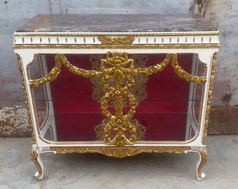 French Antique Vitrine Gold Gabinet French Louis XVI Style  French Cabinet