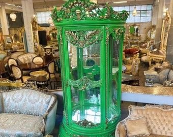 Glass Green Vitrine Cabinet French Antique Vitrine Gold Gabinet French Louis XVI Style  French Cabinet
