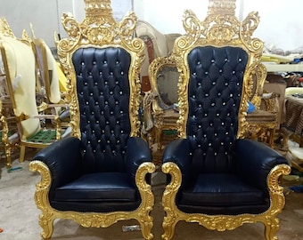 Black Throne Chair 75"H Black Leather Chair *2 LEFT* French Chair Throne Black Leather Chair Tufted Gold Throne Chair Rococo Vintage Chair