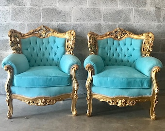 Rococo Furniture Settee Baroque Chairs Baroque Furniture Chairs Antique Furniture Rococo Tufted Chair Gold Leaf Tufted Teal Turquoise Fabric