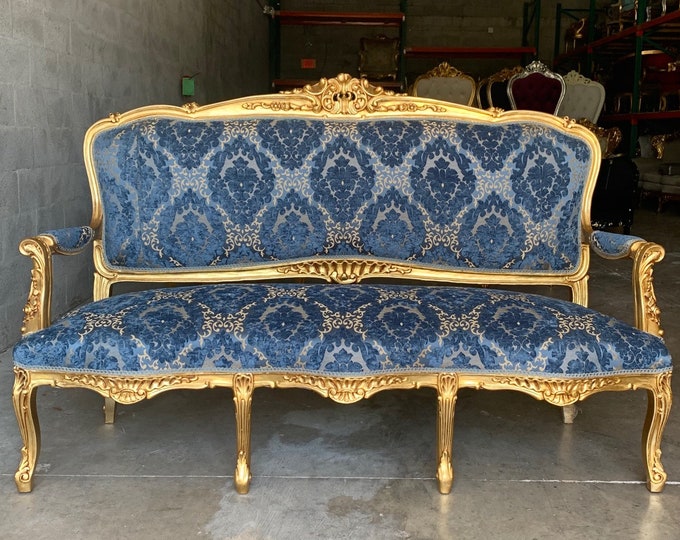 French Furniture French Vintage Chair Blue Damask 3 Piece Set Etsy