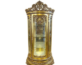 Glass Gold Vitrine Cabinet French Antique Vitrine Gold Gabinet French Louis XVI Style  French Cabinet