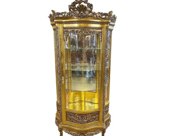 Glass Gold Cabinet Vitrine French Antique Vitrine Gold Gabinet French Louis XVI Style  French Cabinet