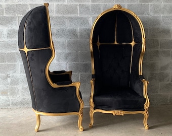 French Balloon Chair Throne Chair *2 Available* Reproduction Suede Black Velvet Chair Tufted Gold Frame French Rococo Interior Design