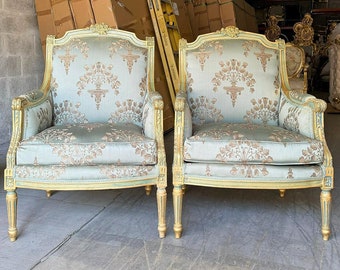 Rococo Style Chair Sky  Blue Throne Vintage Chair New Upholstery Damask Fabric Furniture Baroque Rococo Interior Design Vintage Furniture