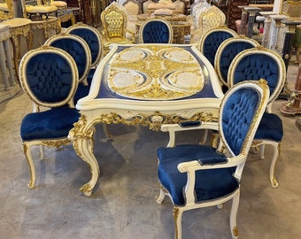 French Rococo Blue Velvet Dining Table and Chairs SET *9 Piece Set Available*