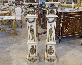 White Stand Marble French Style *A pair*  Marble column Antique Baroque Rococo Column Marble Shelf