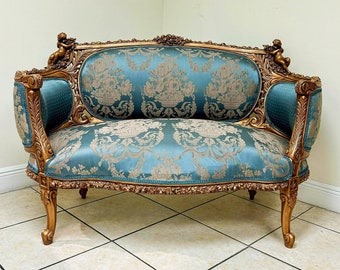 Blue Sofa French Rococo Style Vintage 24K Gold Furniture Gold leaf Interior Design Furniture Home Decor