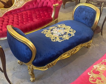 Marquis French Blue Tufted Bench *Only one available* Vintage Chair Vintage Furniture Gold Frame Rococo Interior Design