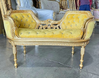 Yellow Velvet Bench French Small Settee Vintage Bench Vintage Furniture Antique Baroque Furniture Rococo Interior Design Vintage Chair