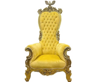 Throne Chair Yellow Leather Golden Chair French Chair Throne Rococo Vintage Chair