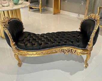Tufted Bench Black Leather French Style Bench Vintage Chair Vintage Furniture Chair Tufted Gold Frame Rococo Interior Design