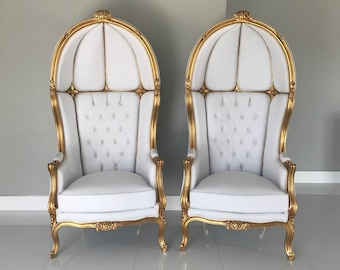 French Balloon Chair Throne Chair *2 Avail* High-Back Reproduction Gold Chair Tufted White Leather French Interior Design