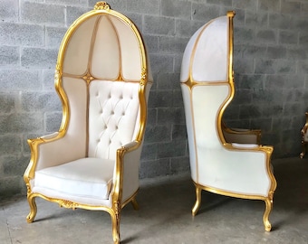 French Balloon Chair Throne Chair *2 Available* High-Back French Canopy Gold Chair Tufted Off-White Velvet Interior Design
