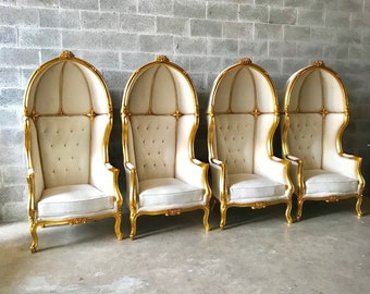 French Balloon Chair Throne Chair *2 Available* High-Back French Canopy Gold Chair Tufted Off-White Velvet Interior Design