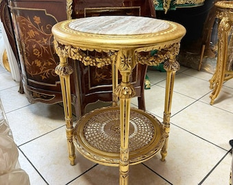 Side Table Beige Tan Marble Topped Gold  Italian Rococo Style Furniture Interior design