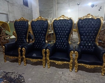 Gold Throne Chair Black Leather *4 Available* Chair French Tufted Chair Throne Black Leather Chair Tufted Gold Frame Throne Chair Rococo