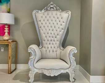 Silver Throne Chair White Leather *1 LEFT* French Chair Throne White Leather Chair Tufted Silver Throne Chair Rococo Vintage Chair