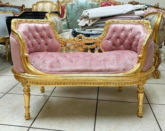 Pink Velvet Bench French Rococo Style Furniture Antique Vintage with Gold Details Interior Design Baroque Rococo