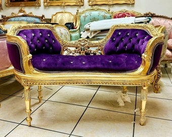 Purple Velvet Bench French Style Small Settee Vintage Bench Vintage Furniture Antique Baroque Furniture Rococo Interior Design Vintage Chair