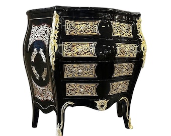 French Louis XVI Style Black and Gold Commode Furniture Vintage Antique