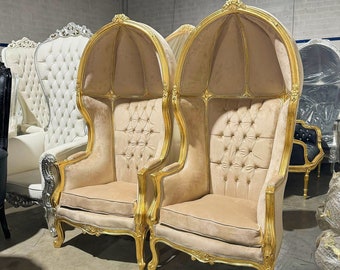 French Balloon Chair Throne Beige Tan *2 Avail* High-Back Reproduction Gold Chair Tufted White Velvet French Interior Design