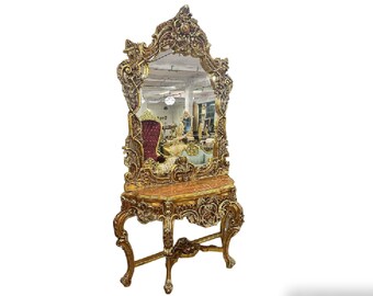 Golden Console with Gold Leaf *Only one available* French Table Marble Baroque Furniture Rococo French Louis XVI Style