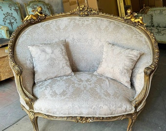 Antique White Sofa with 2 Pillows Rococo French Style Furniture Settee Beige Designer Romantic Vintage