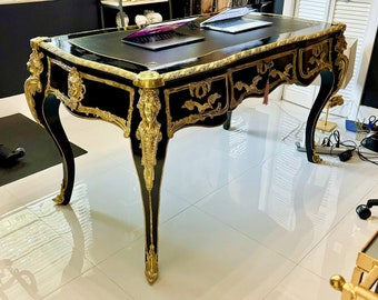 Black Desk Table French Rococo Style with Gold Details