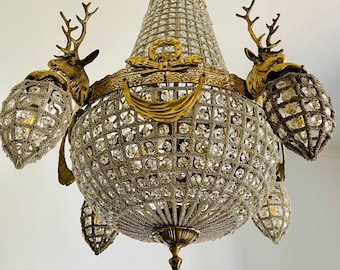Deer Stag Chandelier x-LARGE French Stag Deer Head Large Basket Brass Empire Bowl 37"H x 26"W Interior Design