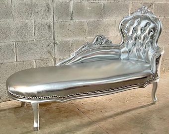 Vintage Chaise Lounge Furniture Sofa Silver Settee French Chaise Lounge Baroque Furniture Rococo Interior Design Silver Leather Fabric