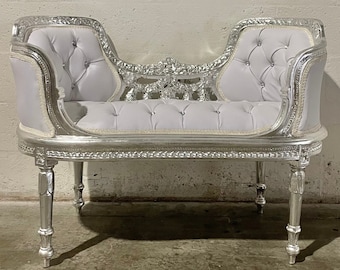 French Tufted Bench Silver Leaf Chair French Bench Tufted Bench Vintage Furniture Antique Baroque Furniture Rococo Interior Design Vintage