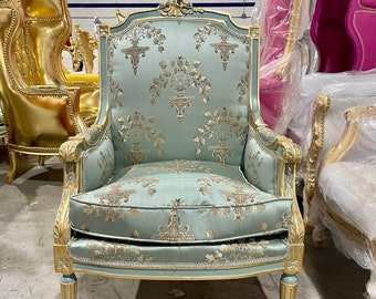 French Chair Light Blue Vintage Chair New Upholstery Damask Fabric Furniture Baroque Rococo Interior Design Vintage Furniture