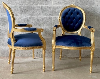 French Tufted Chair Blue Velvet French Bench (3 Pieces Available) Tufted Bench Vintage Furniture Antique Baroque Rococo Interior Design