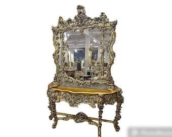 Golden Console with Gold Leaf *Only one available* French Table Marble Baroque Furniture Rococo French Louis XVI Style