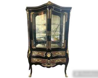 Glass Cabinet Vitrine French Antique Vitrine Gold Gabinet French Louis XVI Style  French Cabinet