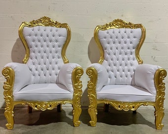 2 Left in Stock* White Midsize Throne Chair White Leather French Throne Chair Throne White Leather Tufted Gold Throne Chair Rococo Vintage