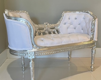 French Tufted Bench White Velvet Silver Leaf Chair Tufted Bench Vintage Furniture Antique Baroque Furniture Rococo Interior Design Vintage