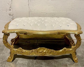 Velvet French Small Bench Vintage Gold Leaf Frame Damask Fabric Vintage Furniture Vintage Chair French Chair