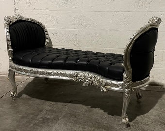 Vintage Marquis French Chair Tufted Bench Black Leather Fabric French Bench Vintage Chair Vintage Furniture Chair Tufted Silver Frame Rococo