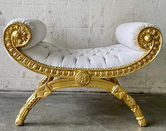 French Small Bench Chair Vintage Gold Leaf Hand Carved Wood Frame Tufted White Vintage Furniture Vintage Chair Interior Design