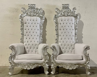 White Throne Chair 75"H White Leather Chair *1 LEFT* French Chair Throne White Leather Chair Tufted Silver Throne Chair Rococo Vintage Chair