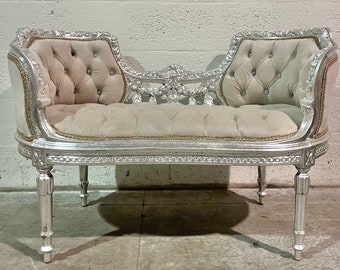 French Tufted Bench Silver Leaf Chair French Bench Tufted Bench Vintage Furniture Antique Baroque Furniture Rococo Interior Design Vintage