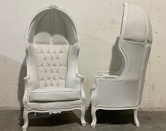 French Balloon Chair White Lacquer with White Leather Throne Chair *2 Available* High-Back French Canopy Chair White Leather Interior Design