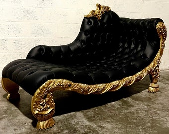 Rococo Chaise Lounge Vintage Settee French Furniture Vintage Baroque Settee Designer Leather Black Tufted Settee Leather French Sofa