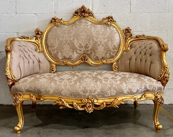 French Tufted Settee Damask Fabric French Sofa Tufted Bench Vintage Furniture Antique Baroque Furniture Rococo Interior Design Vintage