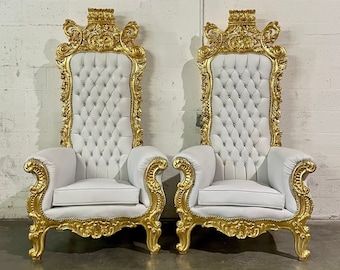 White Throne Chair 75"H White Leather Chair *2 LEFT* French Chair Throne White Leather Chair Tufted Gold Throne Chair Rococo Vintage Chair